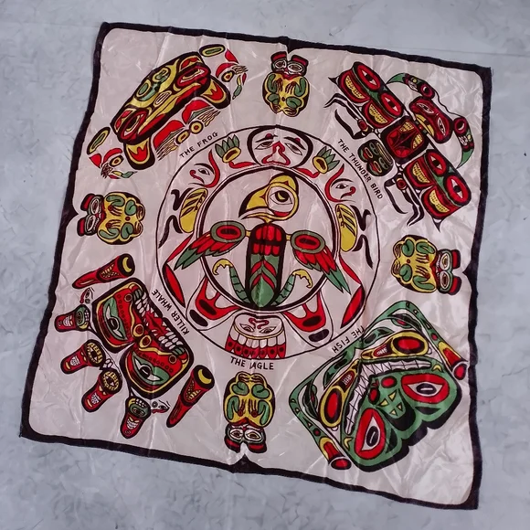 Vintage Native Canadian Haida Art Scarf Thunderbird Frog Fish Eagle Whale SILK - Picture 2 of 8
